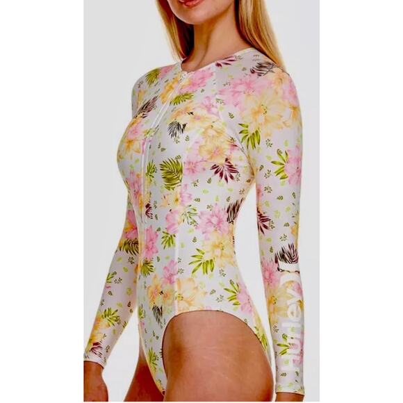 Hurley Long Sleeve Zip Back Rash Guard One-Piece Swimsuit Floral Size M - Picture 1 of 6